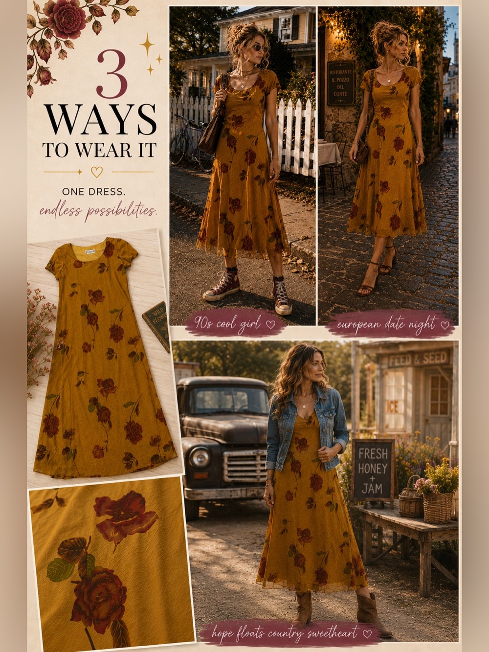 Vintage 90s Yellow Rose Floral Dress | Made in USA | Size 8 - Picture 12 of 12